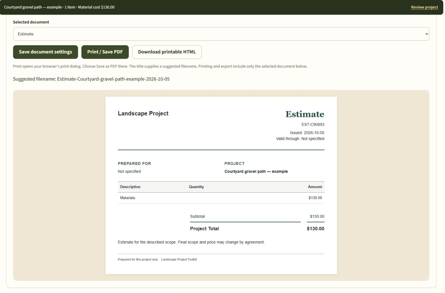 Landscape Toolkit printable estimate using a fictional supplier quote