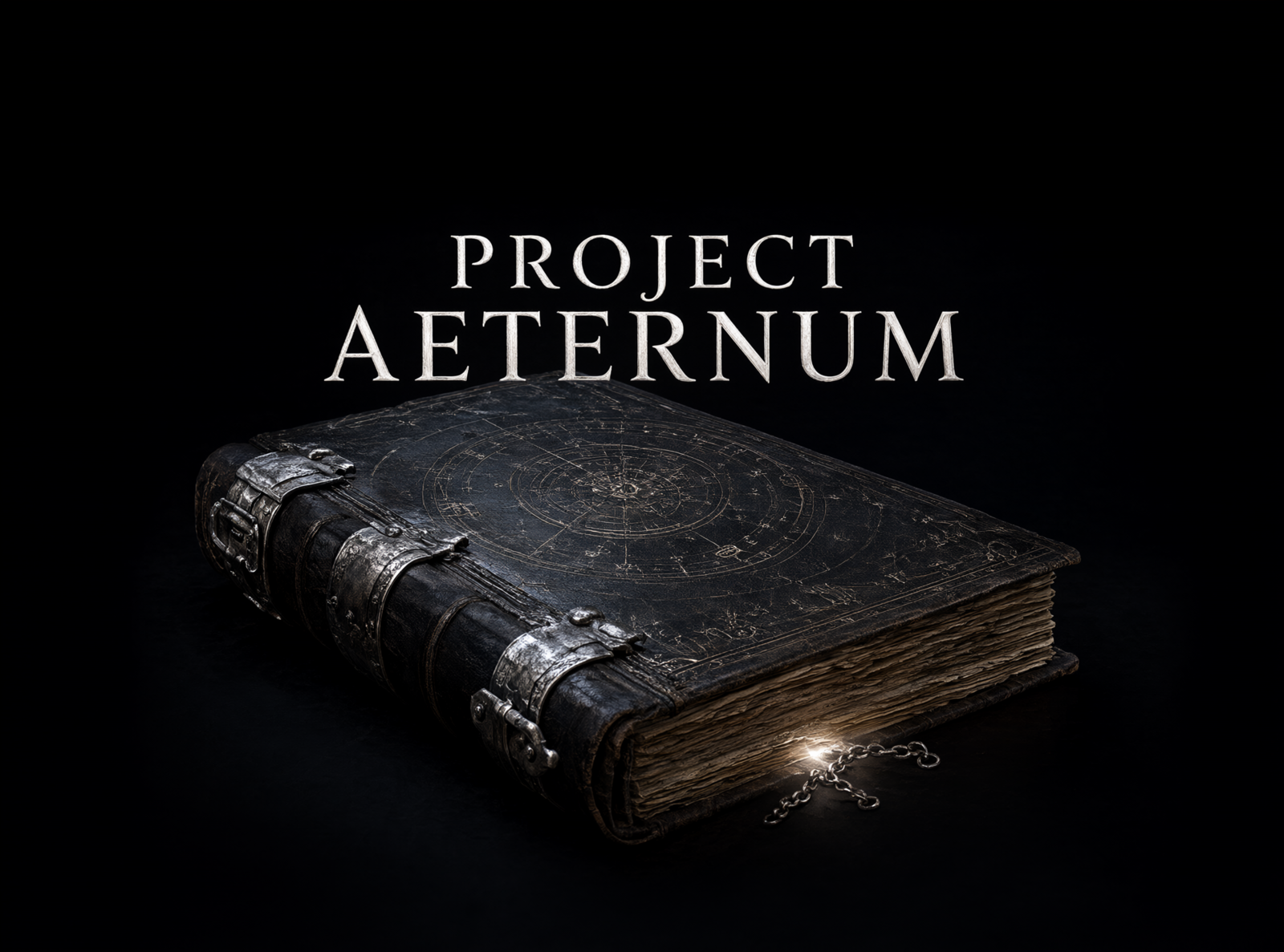 Project Aeternum title above an ancient codex in a black dimensional room