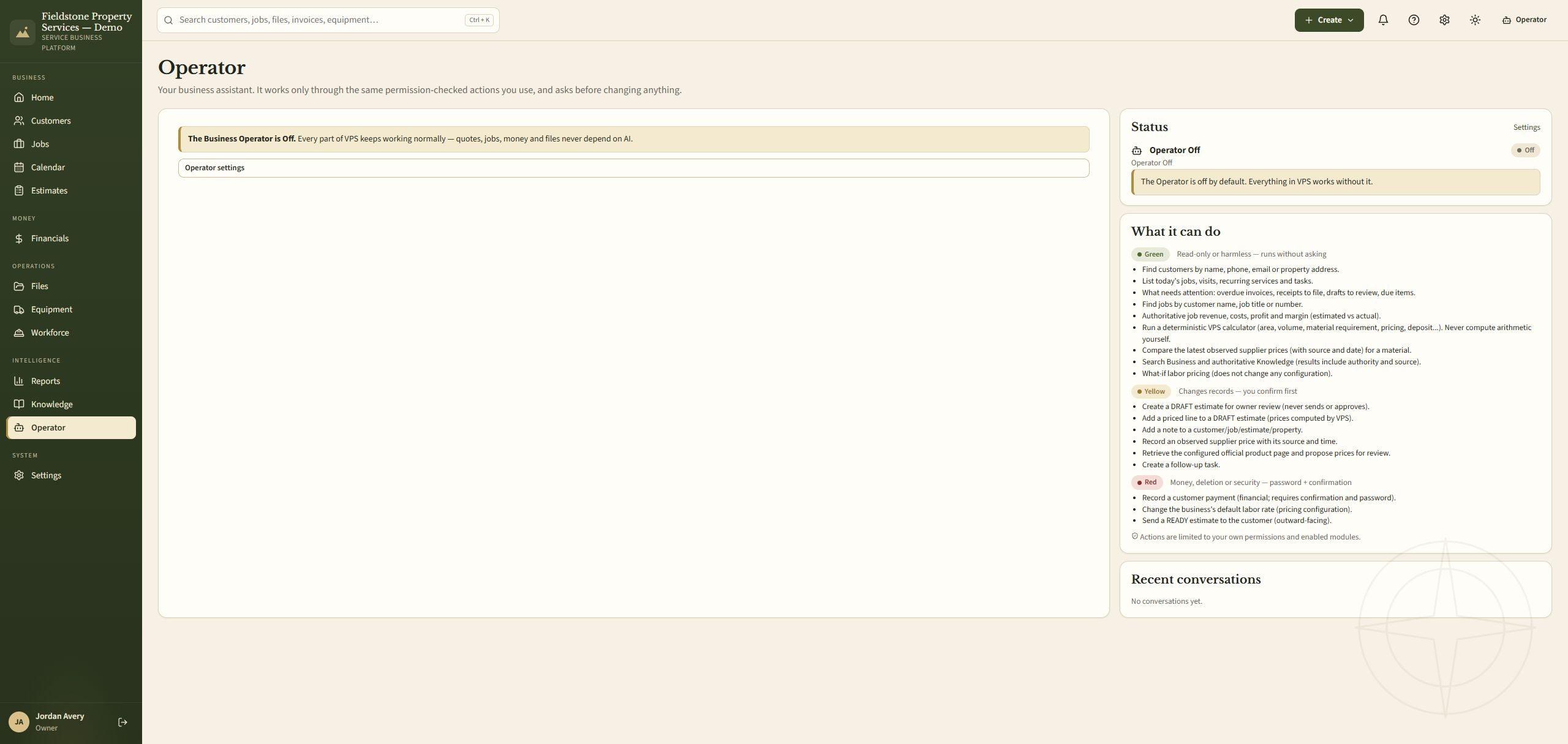 Business Operator settings showing Off status and permission controls