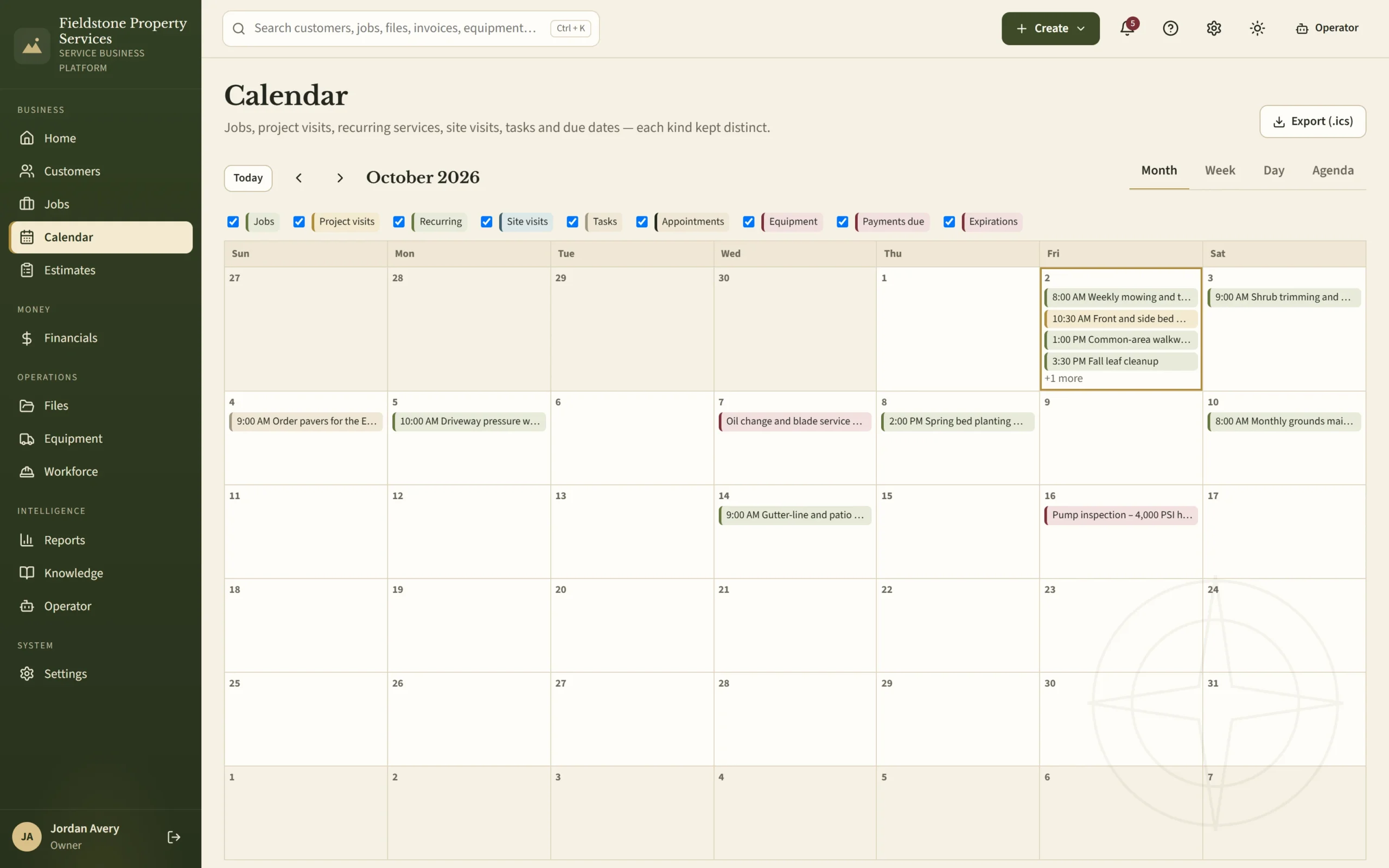 Service Business Platform scheduling calendar