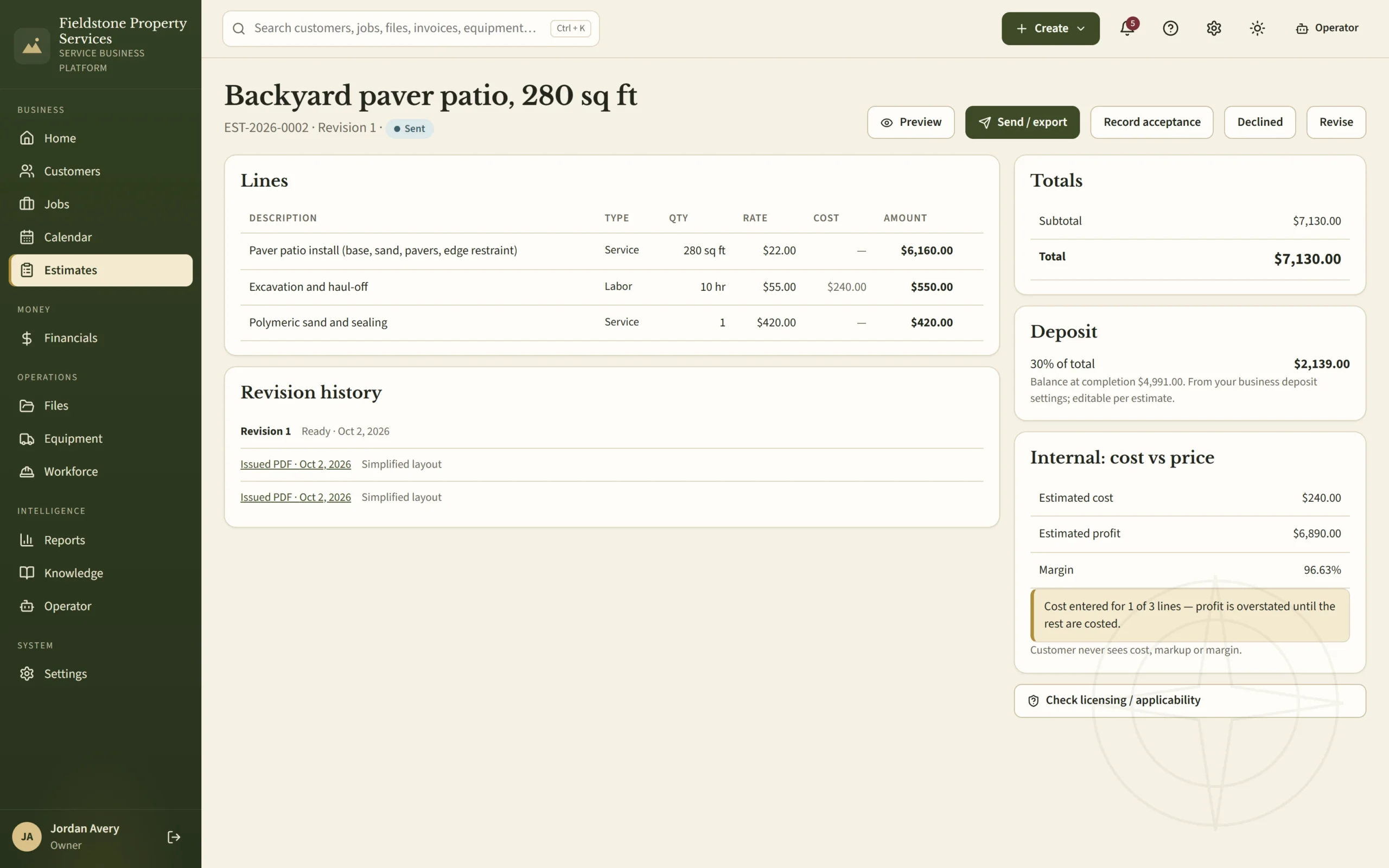 Service Business Platform itemized patio estimate